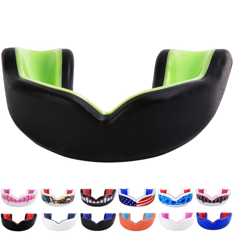 Oral Mart حارس الفم الأسود/الأخضر للشباب من أورال مارت للأطفال - حارس فم للشباب للكاراتيه، كرة القدم الأمريكية، فنون القتال، التايكوندو، الملاكمة، كرة القدم، الرجبي، جيو جيتسو البرازيلية، موياي تاي، كرة القدم، الهوكي - Image 1